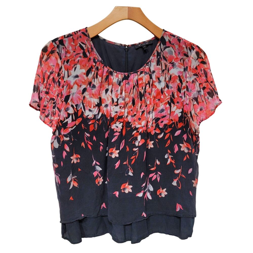 St. John 100% Silk Floral Blouse 16 Quiet Luxury Business Casual Workwear Office